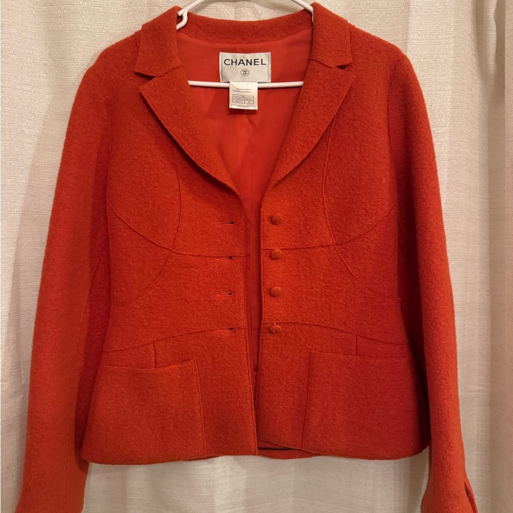 Chanel Red Blazer Classic Notched Lapel Fitted